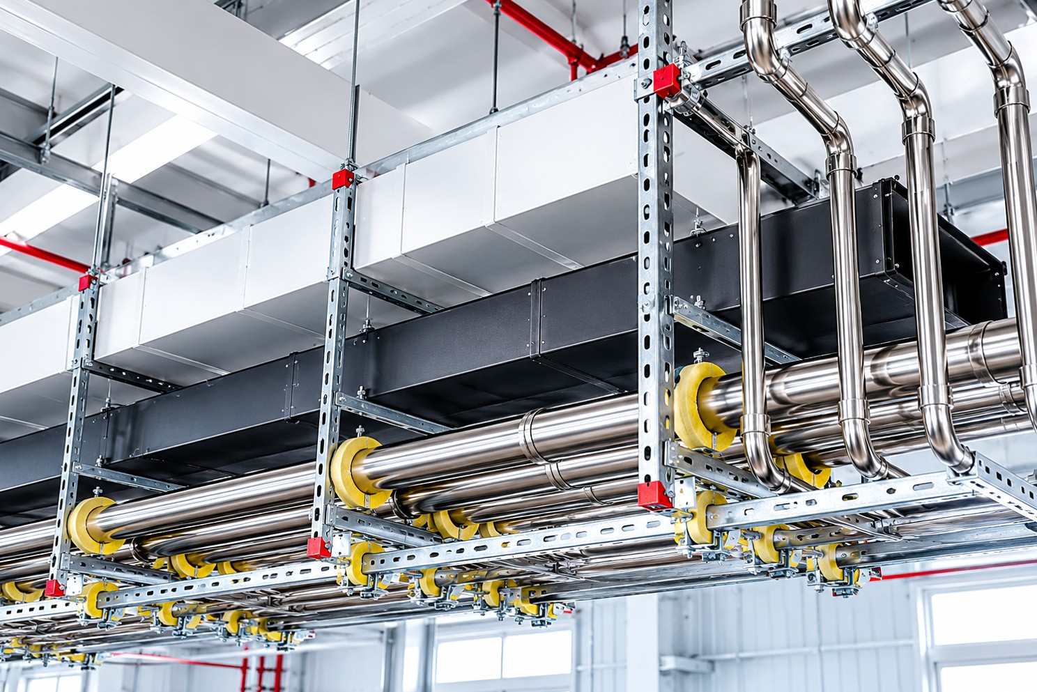 Installed seismic bracing supporting HVAC duct and piping at a building ceiling
