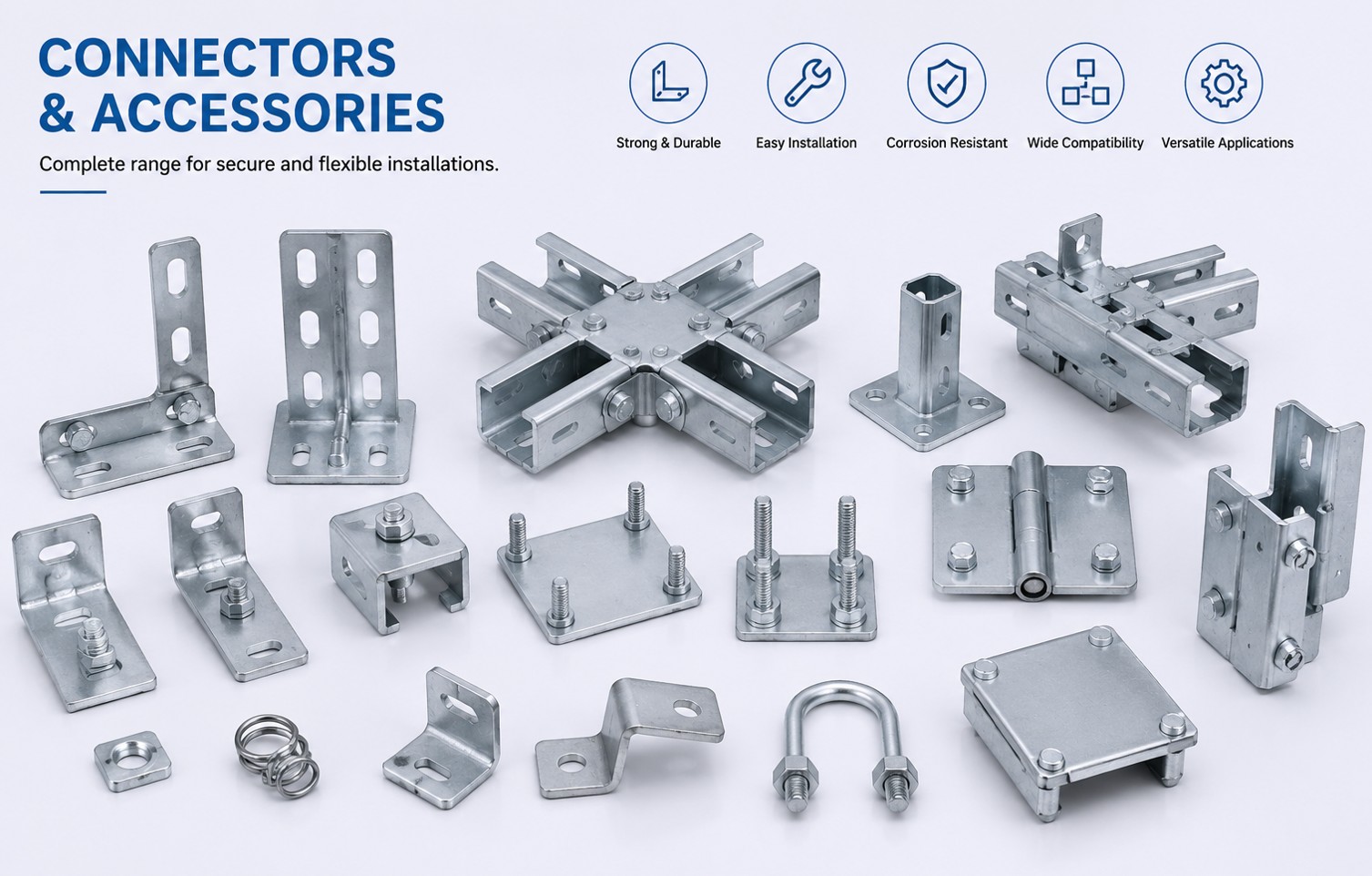 Strut channel connectors and fittings: angle brackets, base plates, beam clamps and hinges