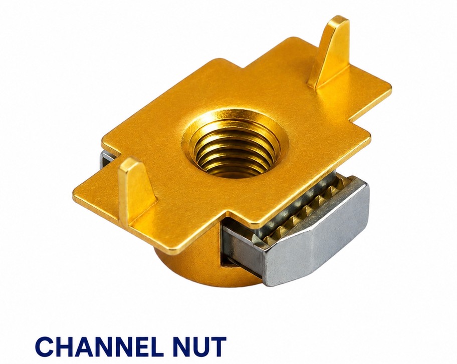Channel nut spin-in strut nut with spring