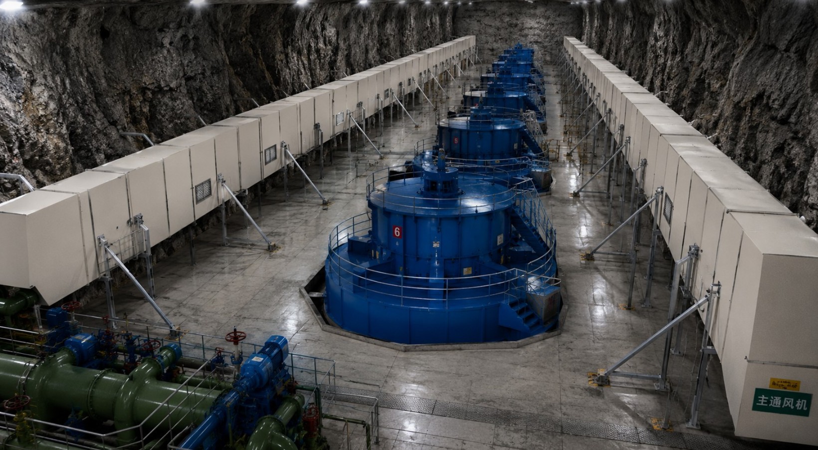 Seismic support systems installed in an underground hydropower plant powerhouse with generator units and large-bore pipework