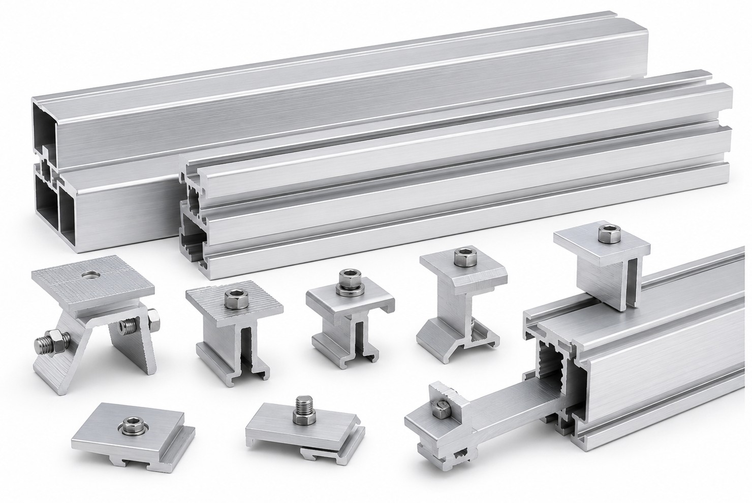 Aluminium solar mounting system: rails, mid clamps, end clamps and T-bolts for PV modules