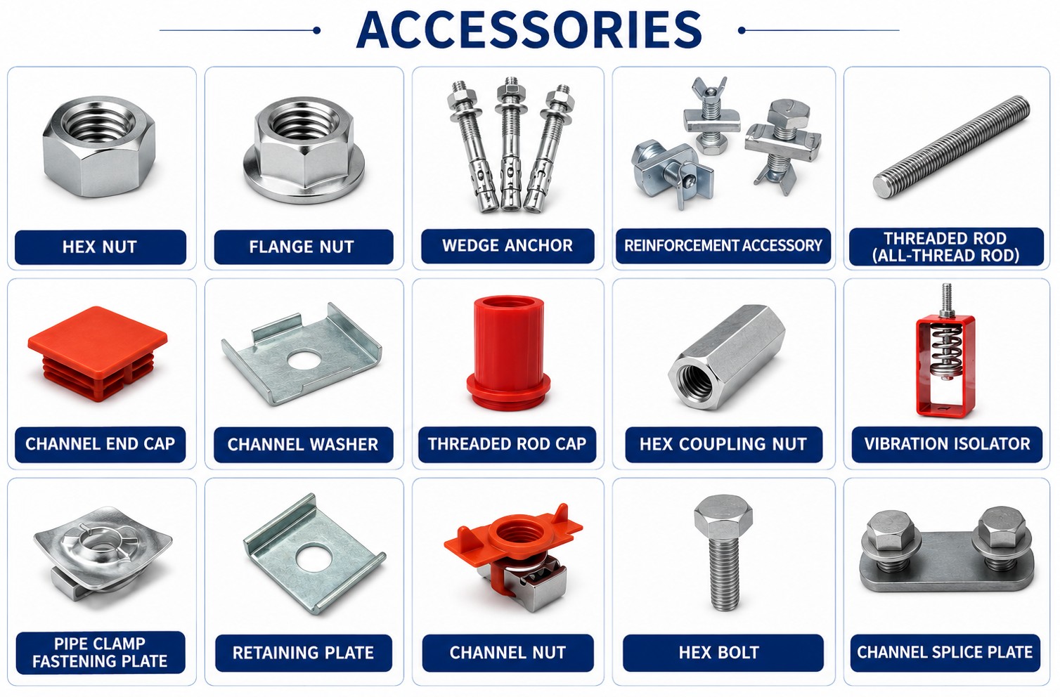 Strut accessories overview — hex nut, flange nut, wedge anchor, stiffener, threaded bolt, channel end cap, washer, rod end cap, hex long nut, vibration isolator, pipe clamp liner, clip plate, channel nut, hex head bolt, back-to-back connector